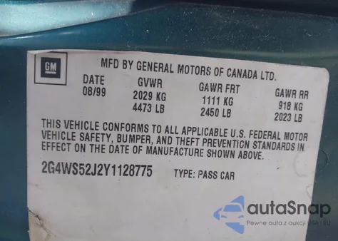 2000 Buick Century Custom from USA, damaged, VIN 2G4WS52J2Y1128775